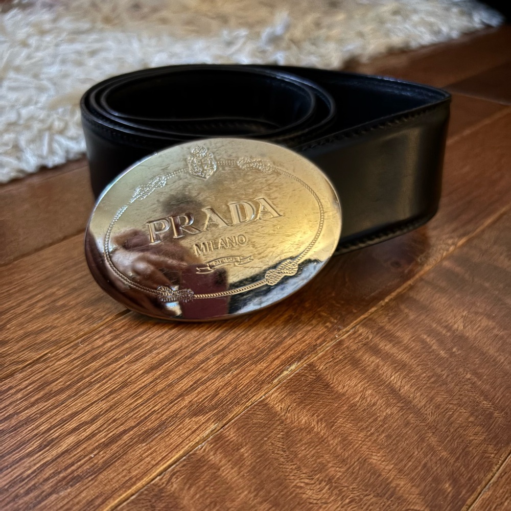 *Authentic* Prada Black Belt with Engraved Silver Buckle. Size 40